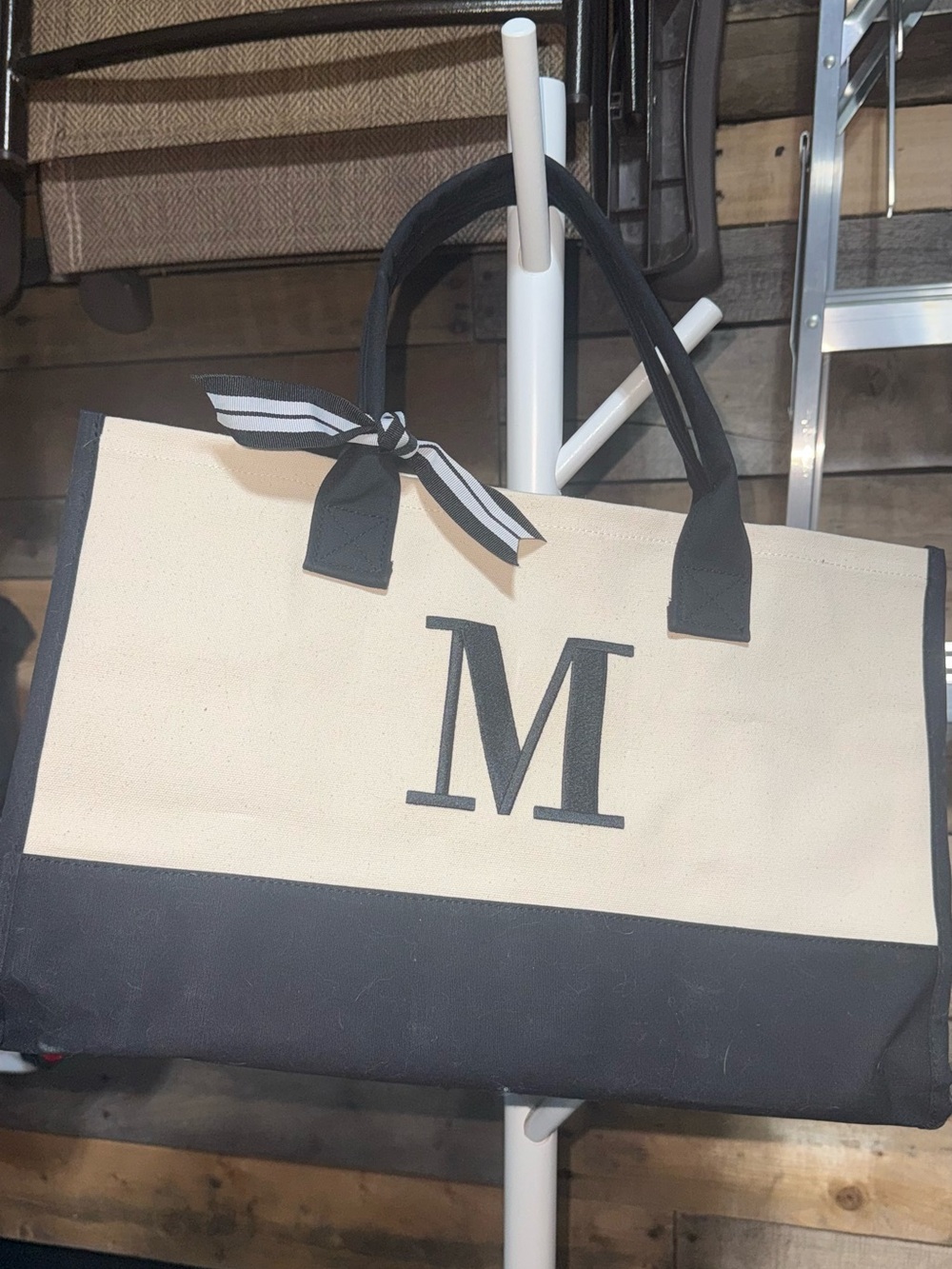 Source Unknown Black & Cream Canvas Tote with Striped Bow